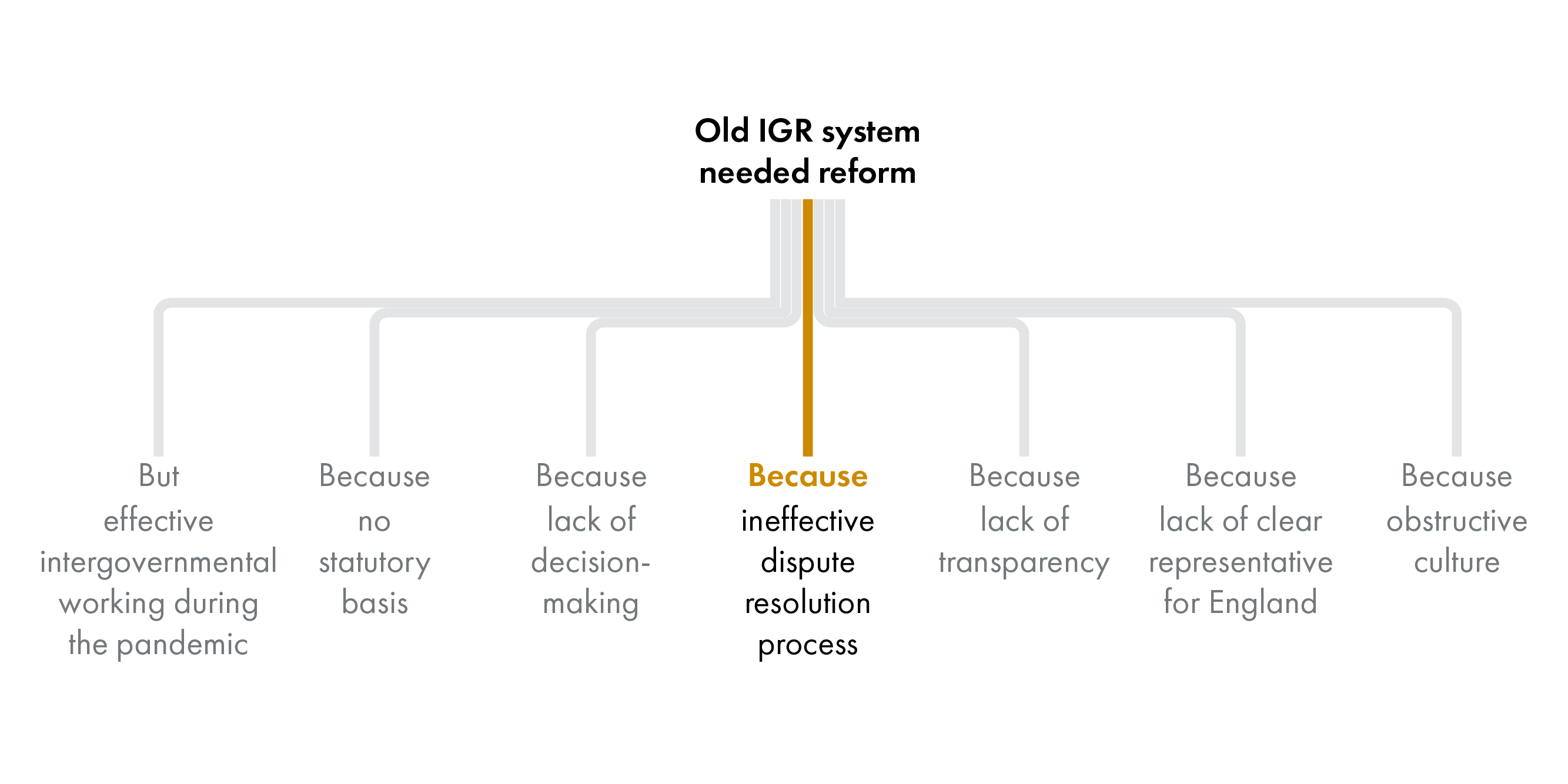 The image shows the same diagram as before but only the line to the text block that says 'ineffective dispute resolution process' is in colour.